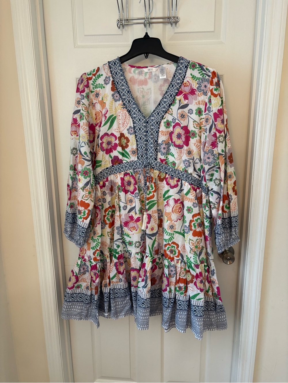 Kaktus White Floral Tiered V-Neck Dress with Blue Trim